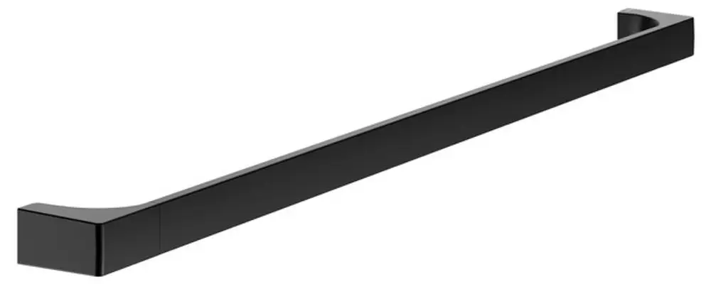 Schwarzer Badetuchhalter aus mattem Material mit rechteckigem Design. Montiert an einer Wand, präsentiert sich das Produkt von Keuco in einem modernen Badezimmerkontext.